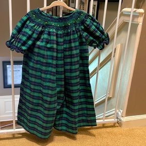 Southern Sunshine Smocked Bishop Plaid Green and Navy dress